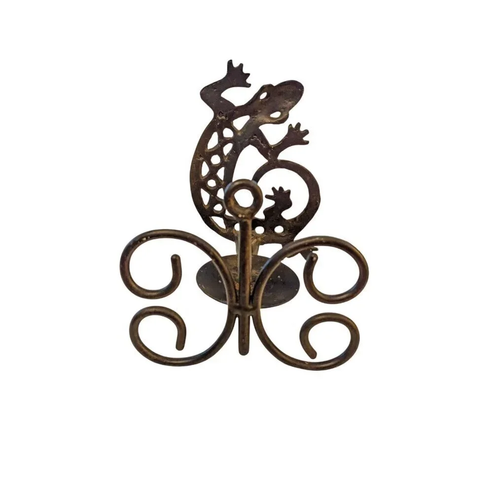 Vintage Southwestern Black Wrought Iron Gecko Lizard Pillar Candle Holder Sconce - Picture 2 of 4